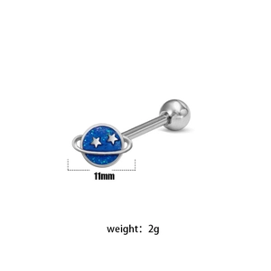 Detail of blue Saturn tongue ring with stars, 11mm width and 2g lightweight design