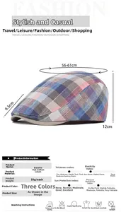Detailed size chart for the cotton linen plaid newsboy cap showing a 56-61cm circumference