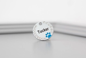 Close-up of circular pet tag with crystal border, blue paw print and Tucker engraving