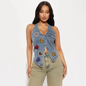 Women's denim halter top with leopard print heart and star embroidery patches