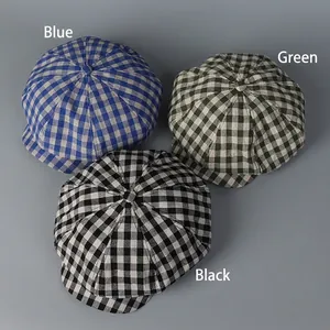 Retro linen newsboy caps in blue, green, and black plaid patterns for men and women