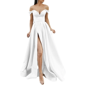 Detail view of white strapless evening gown featuring a deep V-neck and high leg slit