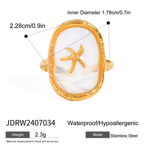 Detailed size and weight specs of gold starfish ring made of waterproof stainless steel