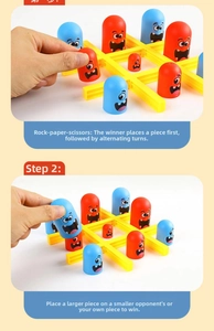 Macro detail of red and blue monster pieces showing stacking gameplay on the yellow grid