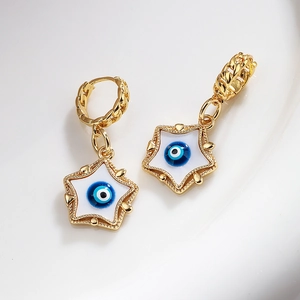 Elegant 18K gold plated copper star earrings with blue evil eye enamel and chain texture