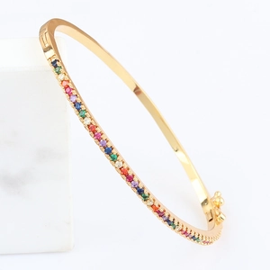Elegant 18k gold plated oval bangle with multi-color rainbow cubic zirconia stones