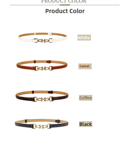 Detail view of four slim adjustable waist belts with vintage bronze buckles in various colors