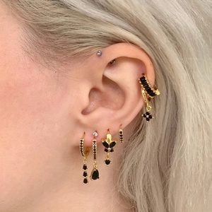 Chic S925 silver needle drop earrings with black zircon in a gold-plated geometric design
