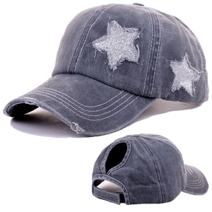 Washed dark grey denim baseball cap with sequin stars and a functional ponytail hole