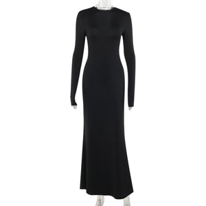 Close-up of elegant black slim fit long sleeve maxi dress with premium matte texture