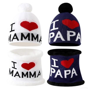 Kids Winter Knitted Hat And Scarf Set Fleece Lined Warm Beanie With Pom Pom Jacquard Letter Pattern For Children