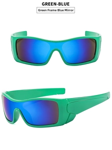 Front and side views of green wraparound sports sunglasses with blue mirrored lenses