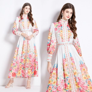 Women Maxi Dress Chiffon Floral Print Long Sleeve Stand Collar Belted Elegant Palace Style Vintage