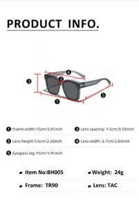 Size chart for polarized sunglasses showing frame width, lens spacing and arm length