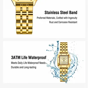 Golden square quartz watch with steel strap and 3ATM water resistance dynamic view