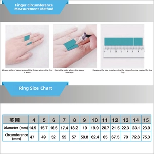 Size guide for Masonic angel and devil eye ring showing US sizes 4 to 15 with measurements