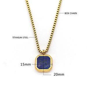 Detail of titanium steel box chain and 15mm square blue lapis stone pendant necklace