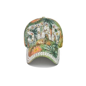 Floral baseball cap with STAR rhinestone letters and pearl brim decoration