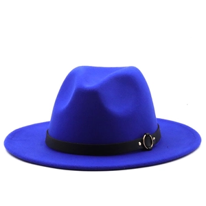 Detail of royal blue wool fedora hat with black ribbon and gold buckle accessory