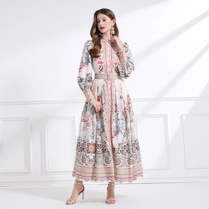 Vintage Boho Maxikleid mit Stehkragen, Puffärmeln und passendem Gürtel für Damen