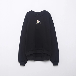 Sudadera De Mujer Cuello Redondo Manga Larga Mezcla Algodón Acrílico Estampado Dragón Chino Streetwear Negro