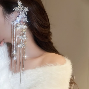 Sparkling silver tassel ear cuff with butterfly zircon butterfly details and rhinestones
