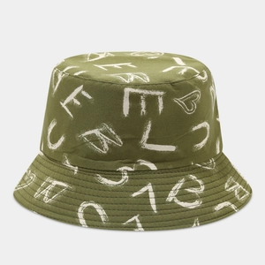 Detail of olive green canvas bucket hat featuring white hand-drawn graffiti and heart patterns
