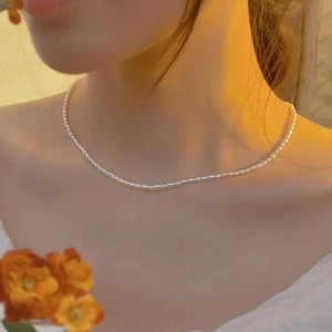 Freshwater Pearl Necklace For Women Minimalist Copper Choker Gold Plated Elegant Rice Shape Pearl Chain Daily Jewelry Gift