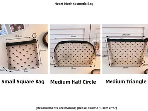 Size chart showing dimensions for heart mesh makeup bags in square, semi-circle and triangle shapes