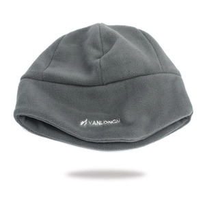 Detailed view of gray fleece beanie with white embroidery on double-layered warm fabric