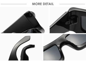Detail shots of Y2K rectangle sunglasses showing reinforced metal hinges and frame texture