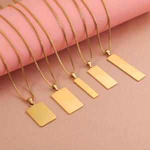 Polished gold stainless steel rectangular bar pendants on box chains in six sizes