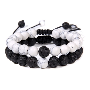 Double-layered beaded bracelet set with white turquoise and black volcanic lava stones