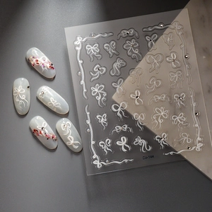 3D white bow relief nail stickers with crystal diamonds and rhinestones, model Co-144