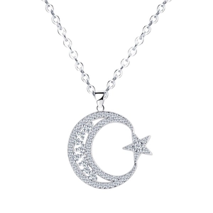 Elegant silver 18K gold-plated necklace featuring a zircon-encrusted moon and star pendant