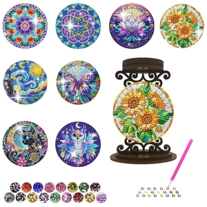 DIY Mandala Diamond Painting Coaster Set with 8 patterns and a wooden holder for table