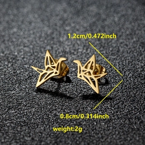 Golden stainless steel origami crane stud earrings with size and weight measurements
