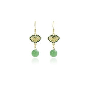 Symmetry view of Chinese fan-shaped tassel earrings with green jade beads and gold finish