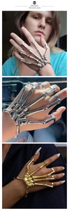 Gothic skull hand skeleton ring bracelet set in silver and gold tone finishes