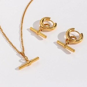 Minimalist Stainless Steel T-Bar Pendant Cuban Chain Necklace And Hoop Earrings Polished Geometric Jewelry For Women