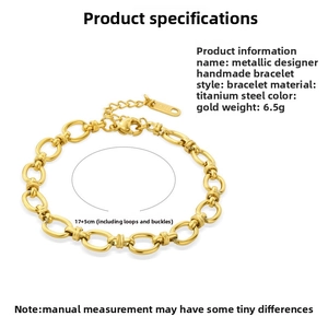 Detail of gold oval link chain bracelet showing 17+5cm length and steel material info