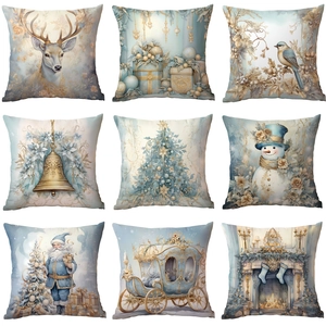 Christmas Cushion Covers Short Plush Elegant Artistic Santa Reindeer Illustration Cases For Sofa Living Room Home Decor
