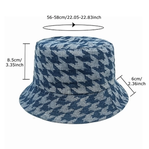 Blue houndstooth denim bucket hat for women with 56-58cm head circumference size guide
