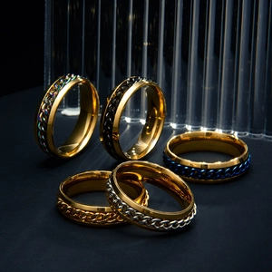 Detail showing five stainless steel spinner rings with rotating chains in various colors