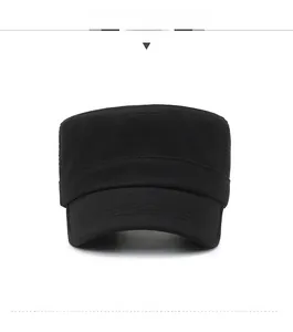 Front view of solid black flat top military cap with reinforced stitching details