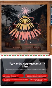 Détail d'autocollants statiques sapin de Noël sur vitre avec texte Merry Christmas