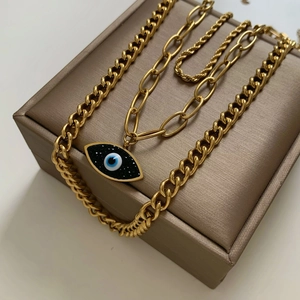 Three-layer gold stainless steel necklace set with evil eye pendant and curb chains
