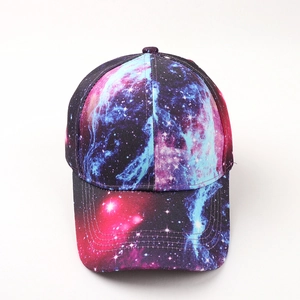 Detailed front view of a 3D nebula print baseball cap with vibrant purple tie-dye patterns