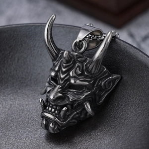 Vintage stainless steel samurai mask pendant necklace with intricate horn and fang details