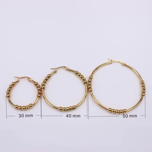 Golden stainless steel hoop earrings with ball beads in 30mm, 40mm and 50mm sizes